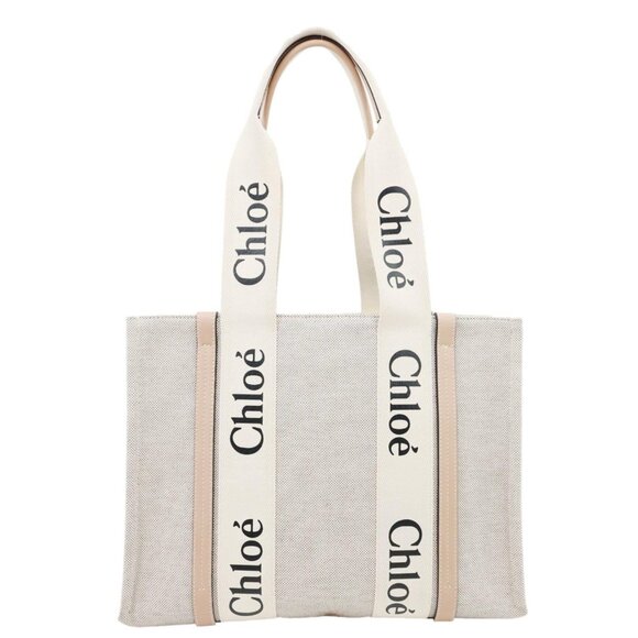 Chloe Woody Linen Canvas Tote Bag Beige - Picture 3 of 14